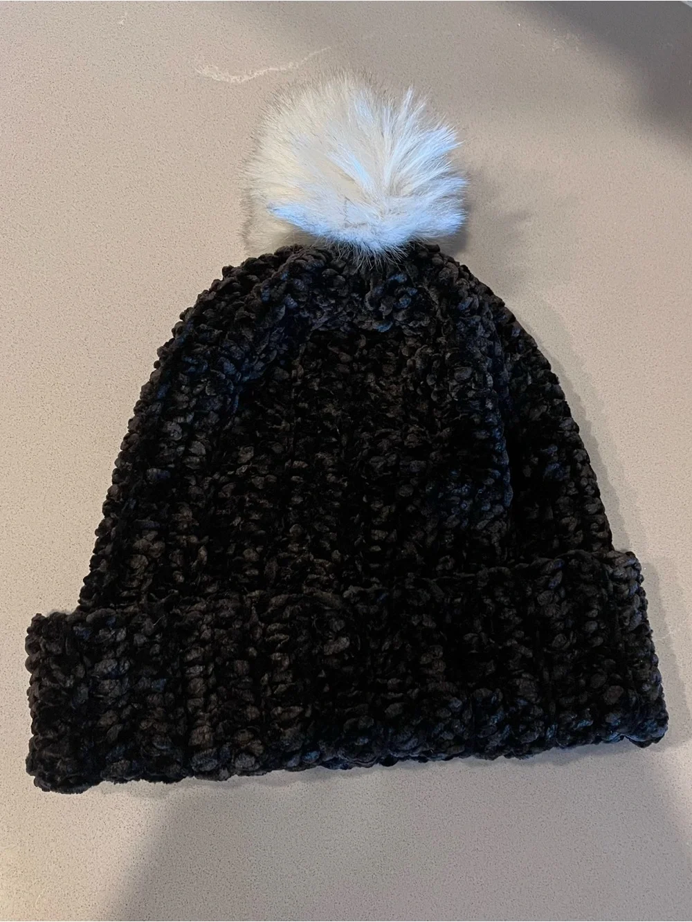 Black chenille knit beanie with white faux fur pom pom, oversized, handmade